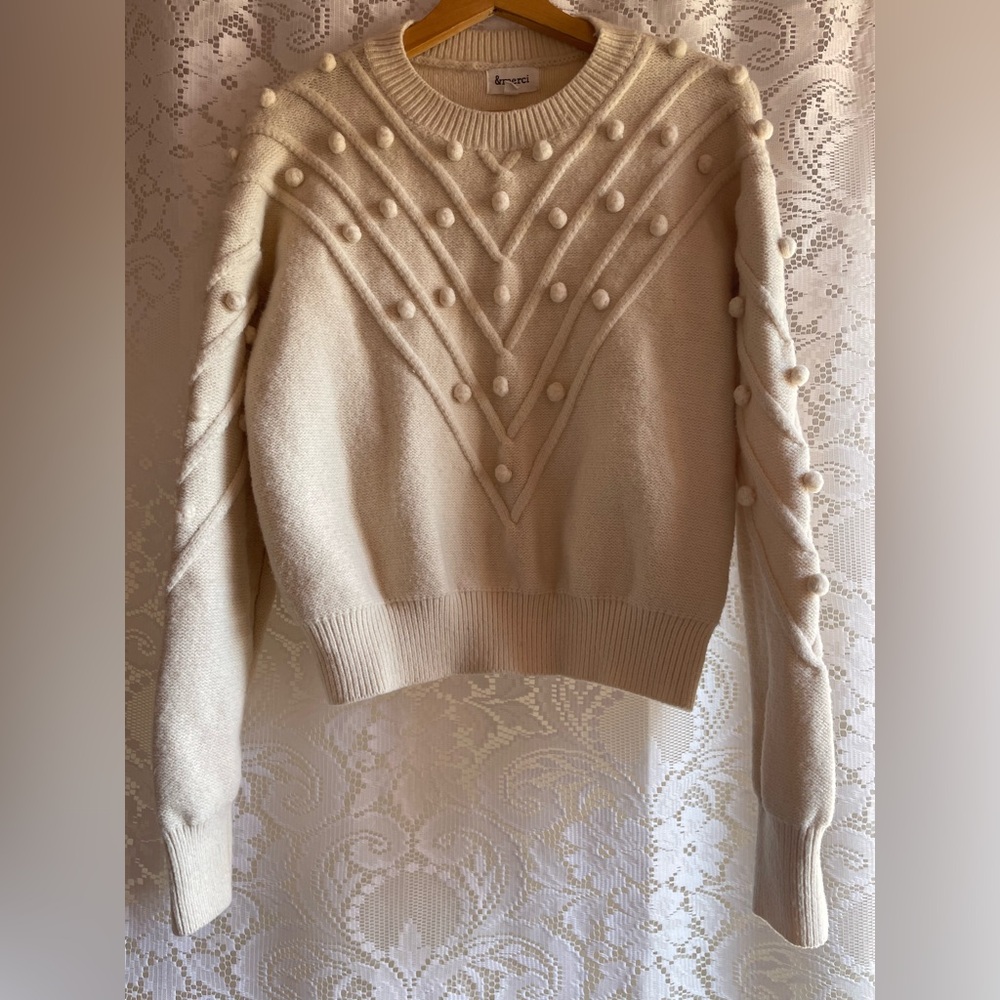 &MERCI Adorable Cream Pompom Tailored Sweater Well-Made
